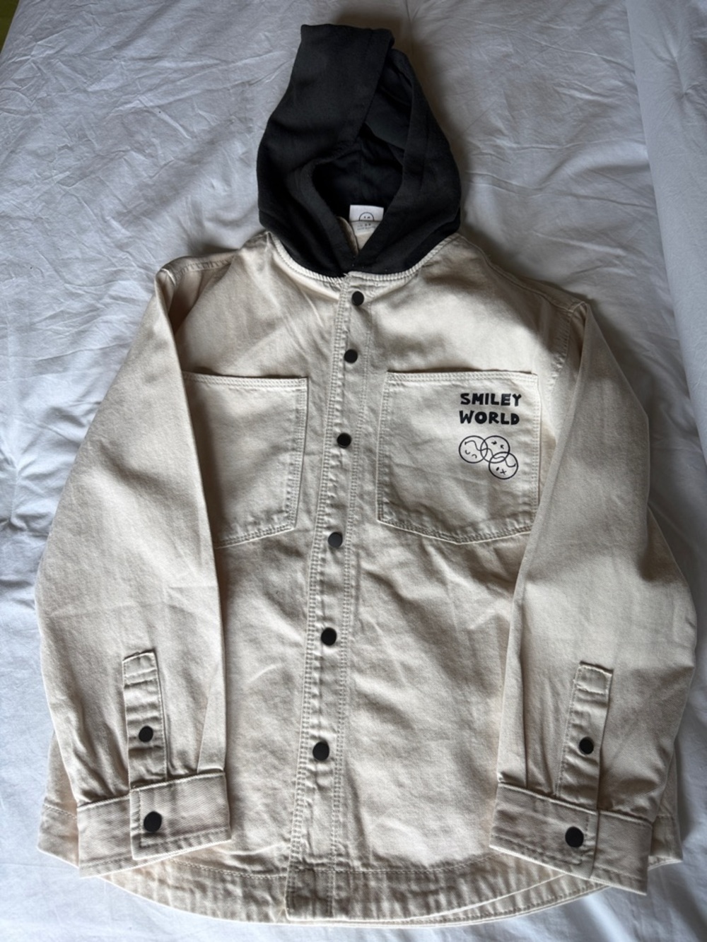 Zara Cream Jacket with Black Hood Smiley Chest Graphic